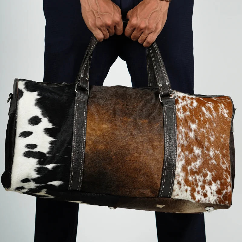 Tri-Tone Cowhide Leather Duffel Bag – Brown, Black & White
