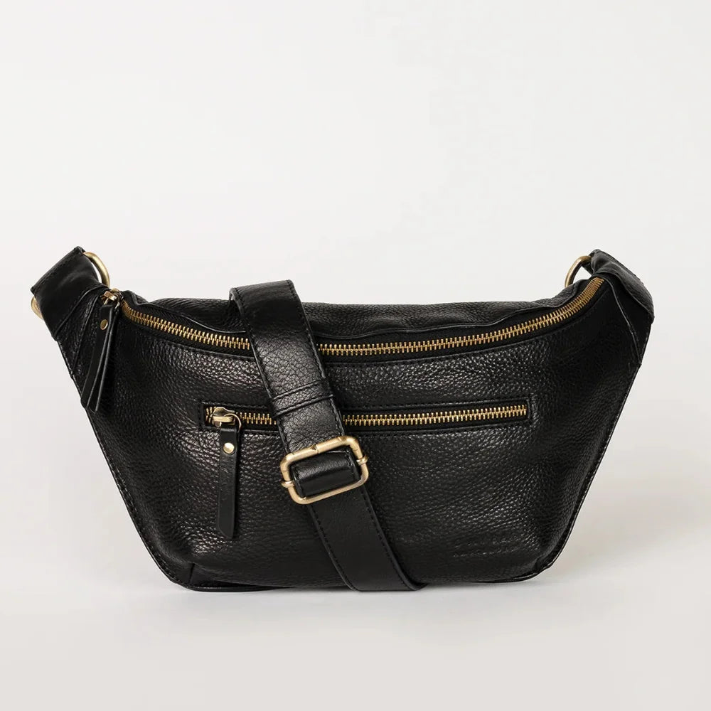 Sac Banane Cuir Nappa Noir - 7 Poches Zippées - Ceinture Réglable - 35 Cm
