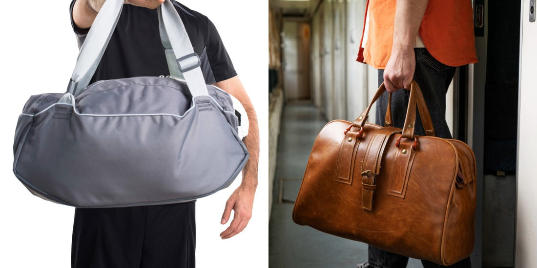 Comparison of a gray fabric duffel bag and a brown leather duffel bag.
