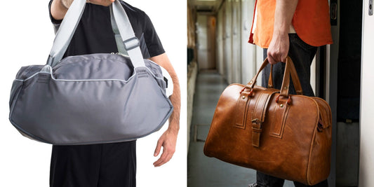 Comparison of a gray fabric duffel bag and a brown leather duffel bag.