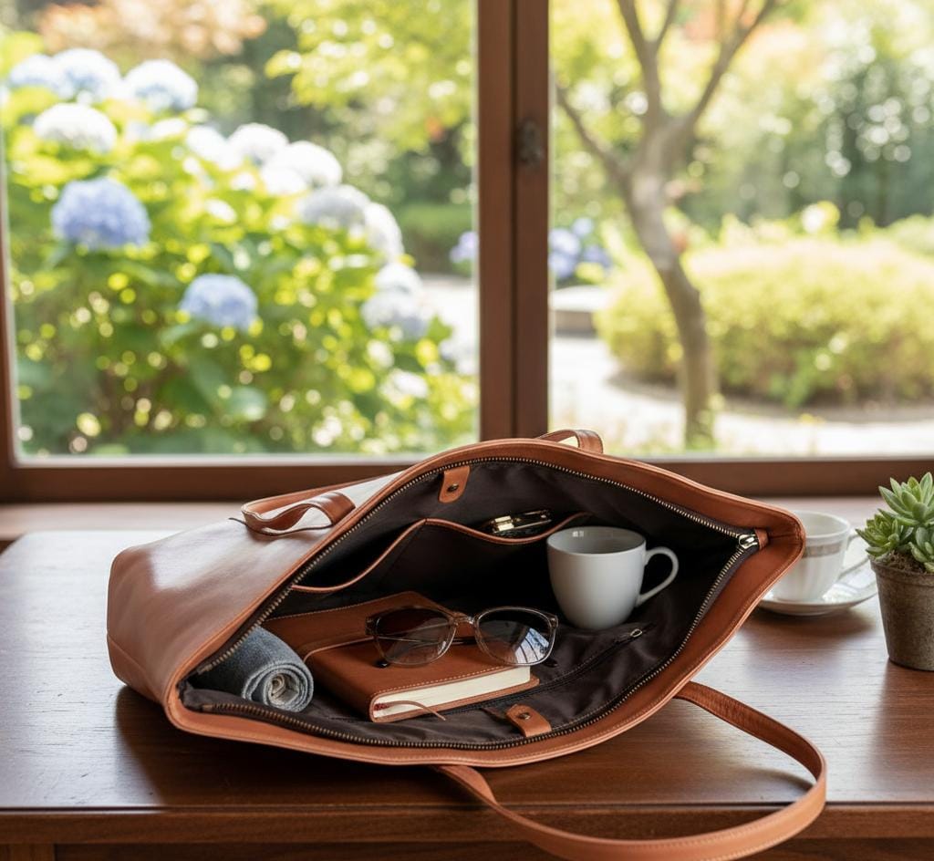 Brown leather bag with items on a table by a window with greenery outside