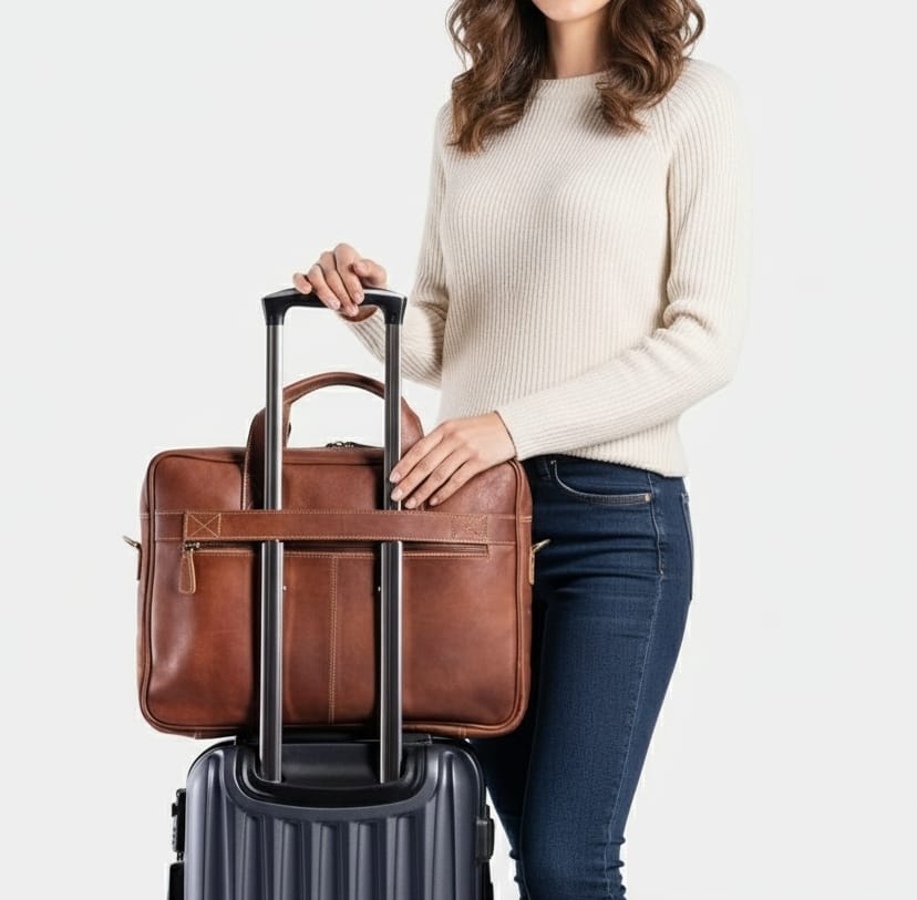 Person holding a brown leather briefcase with a white background