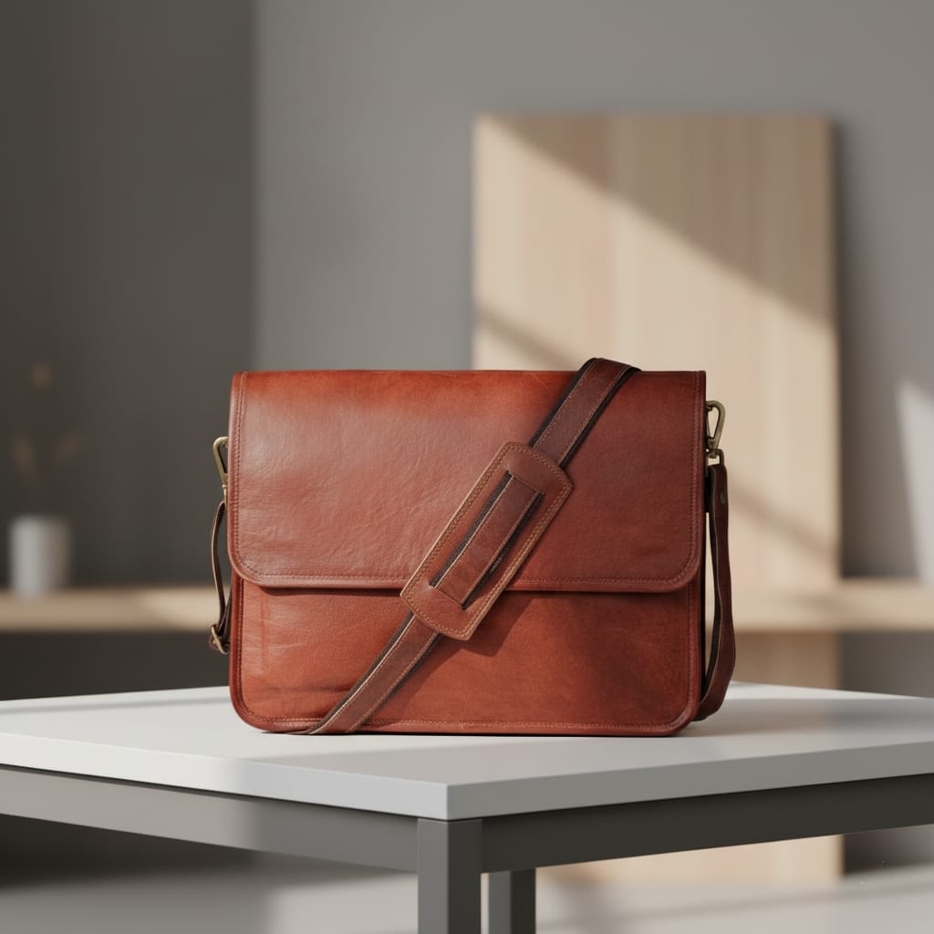 Full Grain Bison Leather Messenger Bag – Brown