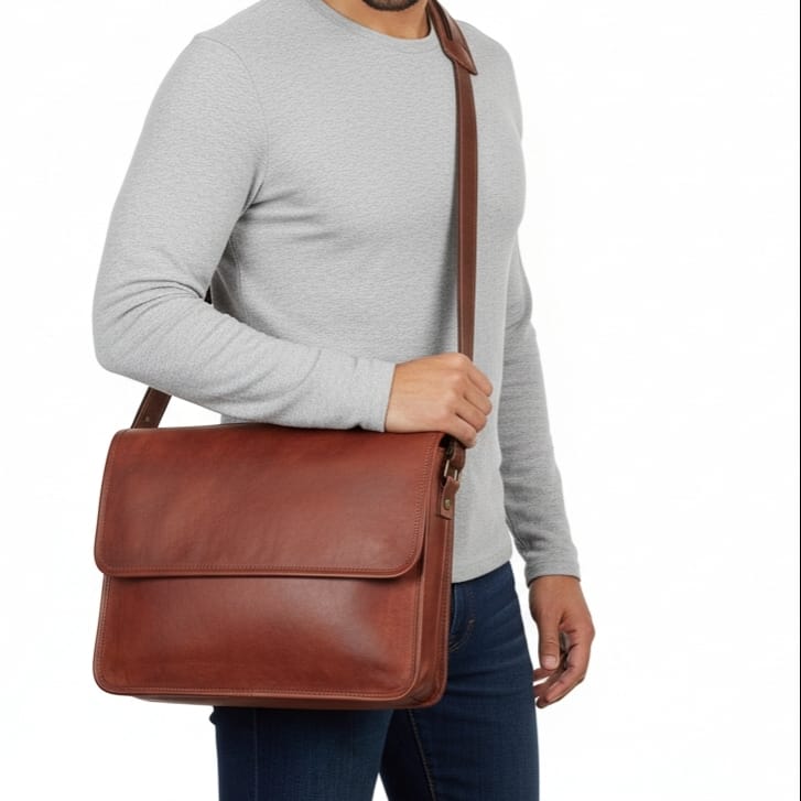 Full Grain Bison Leather Messenger Bag – Brown