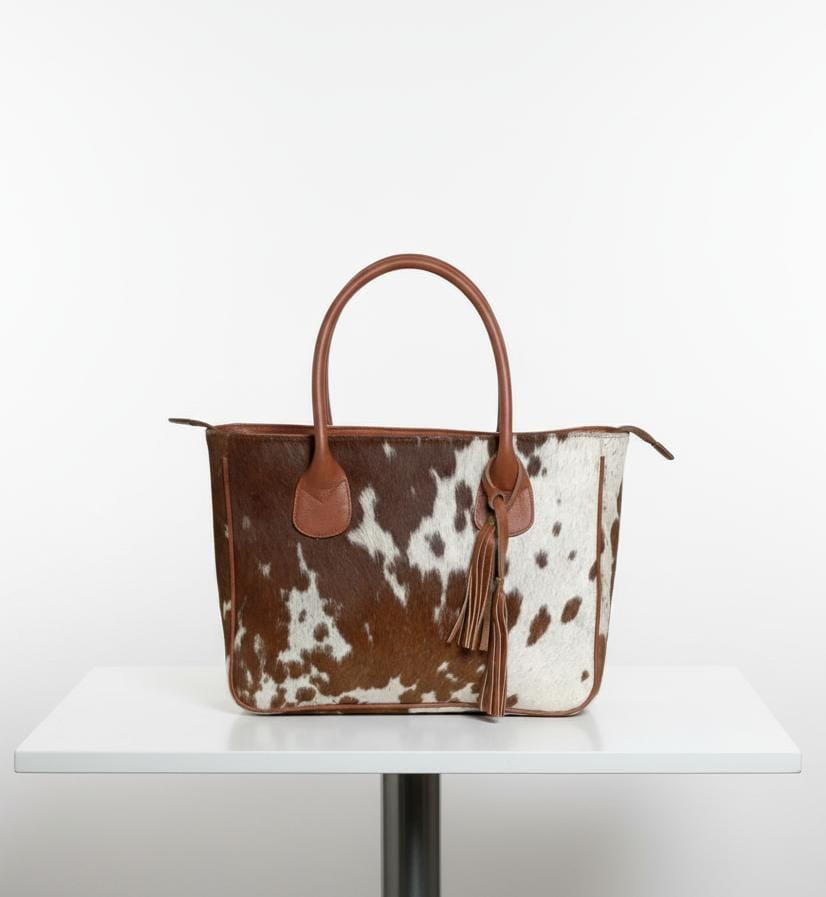 Womens Handmade White & Brown Cowhide Purse