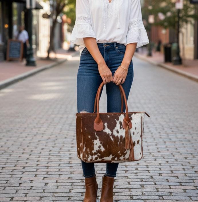 Womens Handmade White & Brown Cowhide Purse