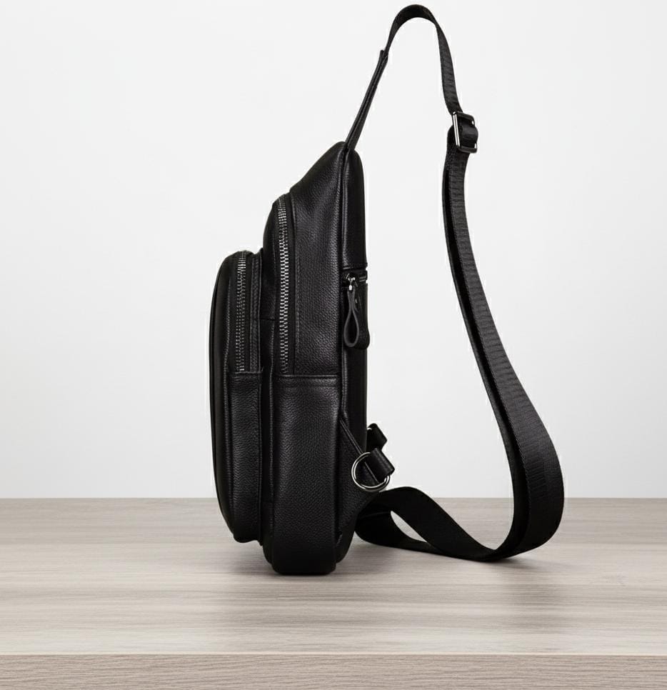 Mens Black Leather Chest Sling Bag