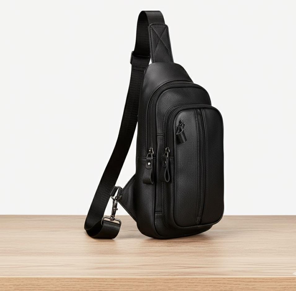 Mens Black Leather Chest Sling Bag