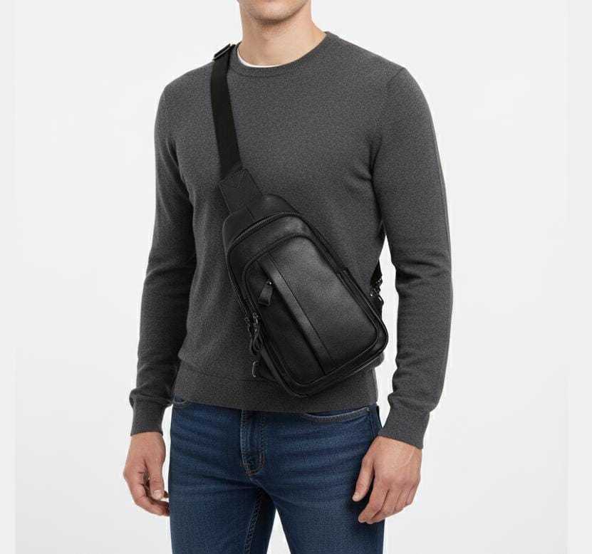 Mens Black Leather Chest Sling Bag