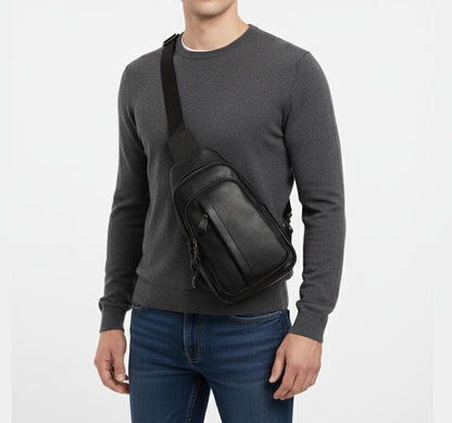 Mens Black Leather Chest Sling Bag