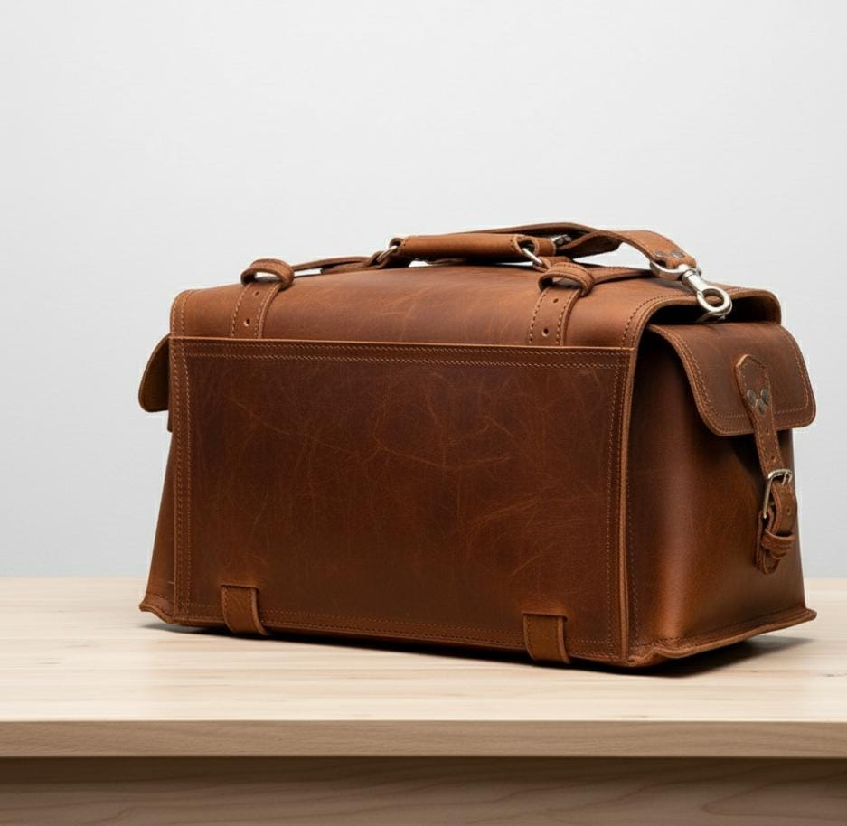 Premium Full-Grain Leather Travel Duffel with Side & Hidden Pockets