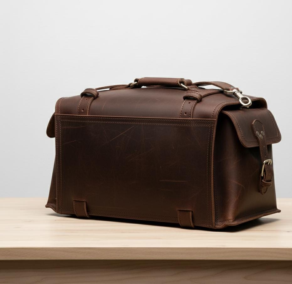Premium Full-Grain Leather Travel Duffel with Side & Hidden Pockets