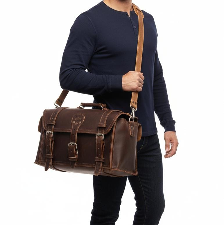 Premium Full-Grain Leather Travel Duffel with Side & Hidden Pockets