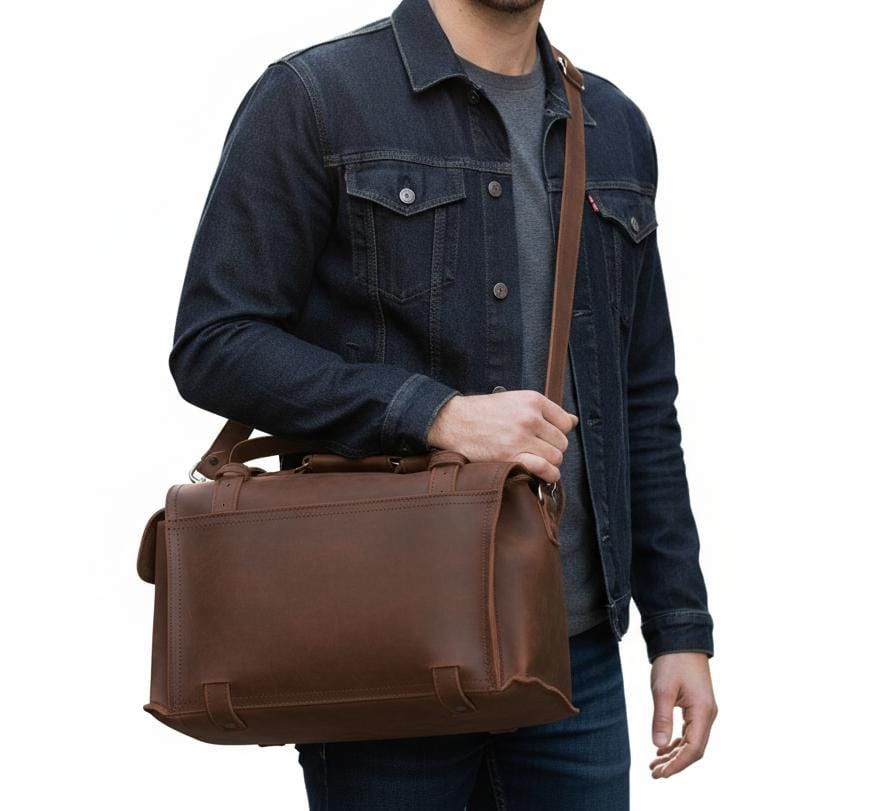 Premium Full-Grain Leather Travel Duffel with Side & Hidden Pockets