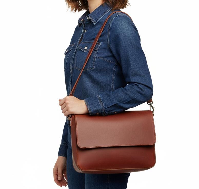 Large Fold-Over Leather Clutch Bag with Detachable Strap