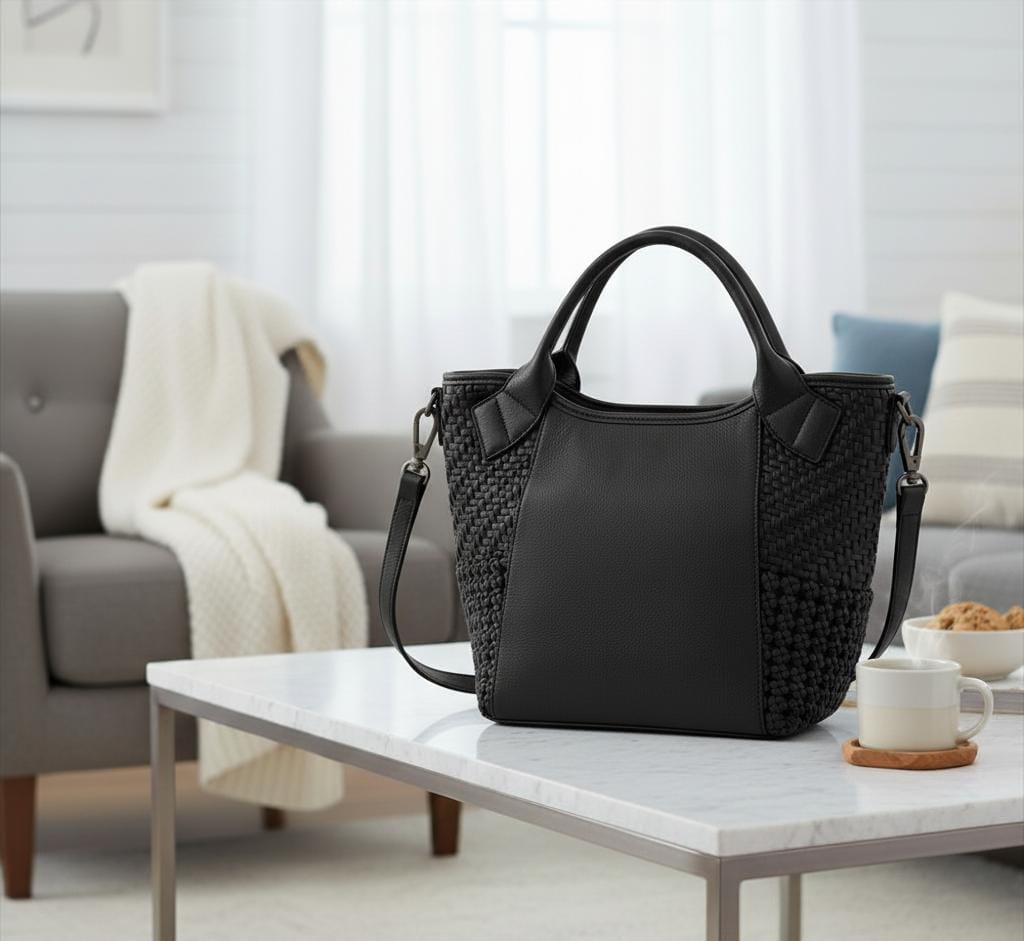 Handcrafted Leather Tote with Woven Accents