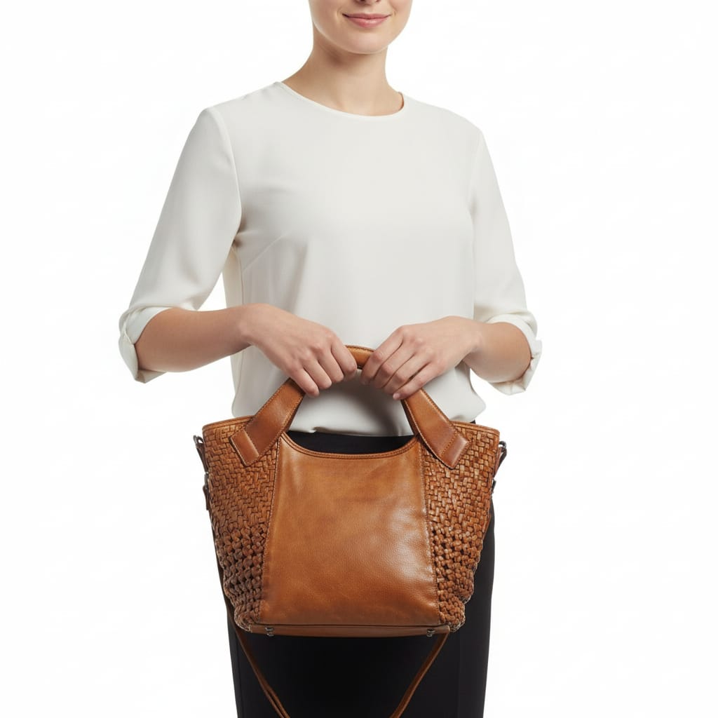Handcrafted Leather Tote with Woven Accents