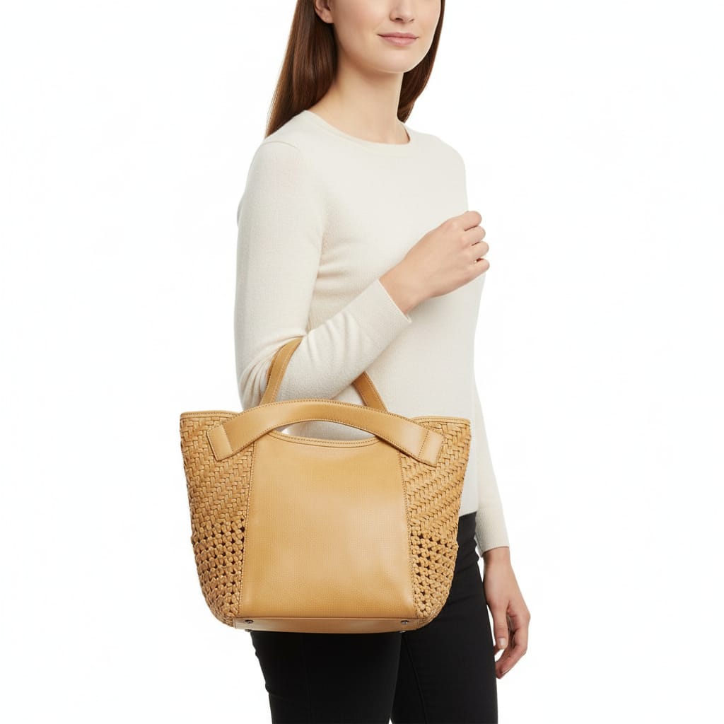 Handcrafted Leather Tote with Woven Accents
