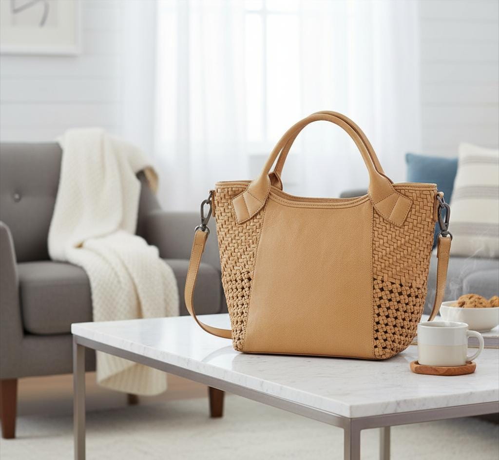 Handcrafted Leather Tote with Woven Accents