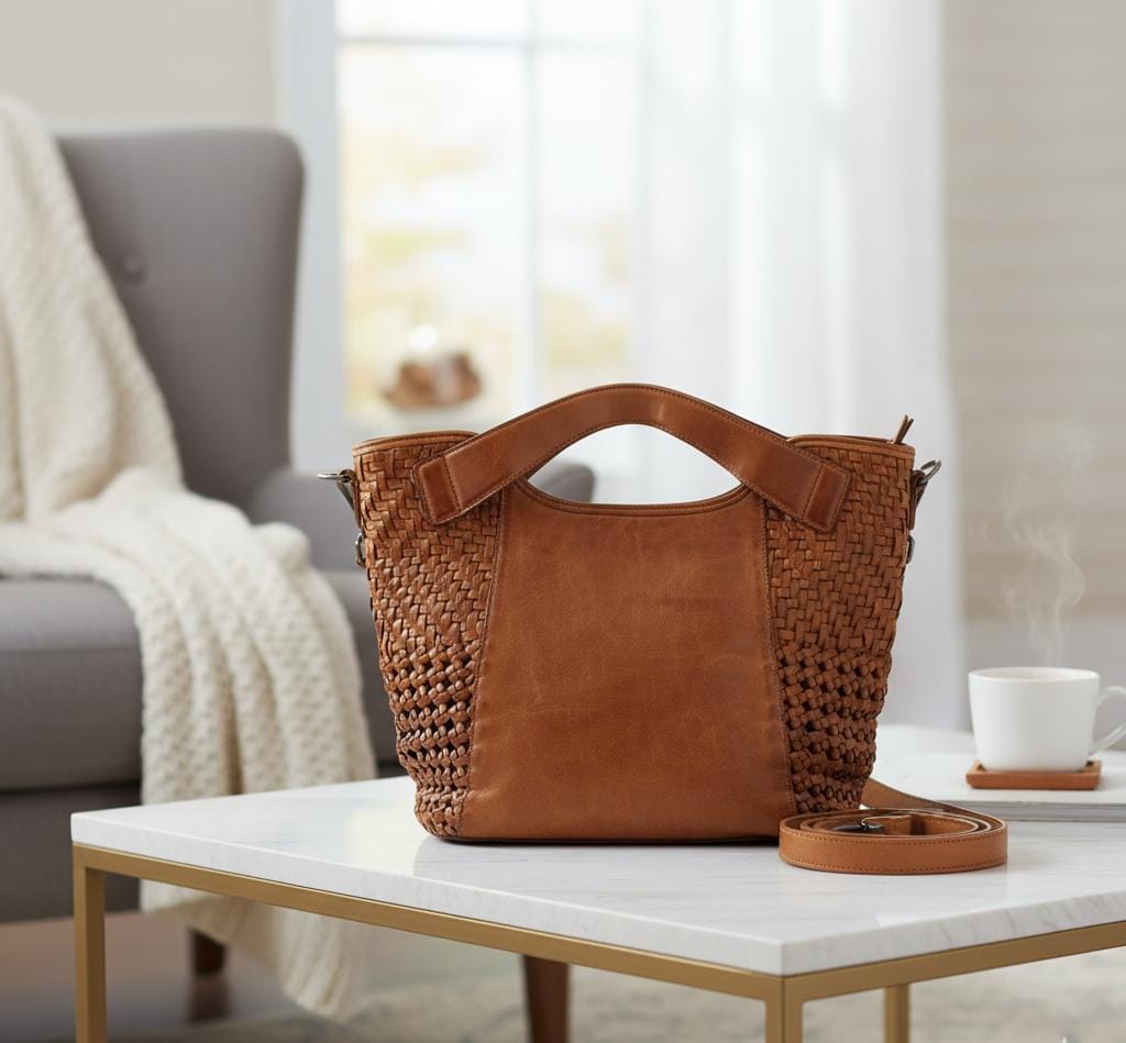 Handcrafted Leather Tote with Woven Accents