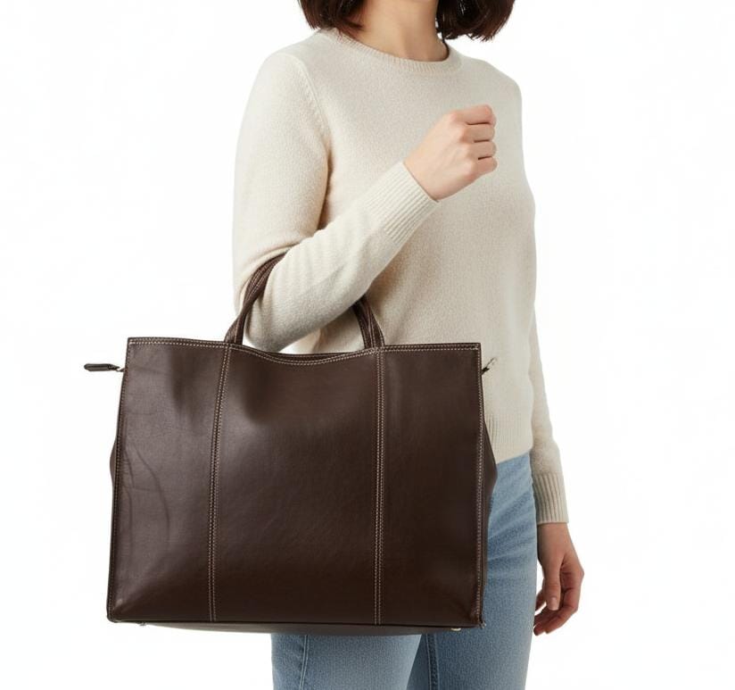 Classic Leather Tote Bag with Zipper – Fits 14″ Laptop