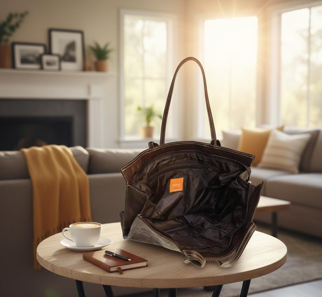 Classic Leather Tote Bag with Zipper – Fits 14″ Laptop