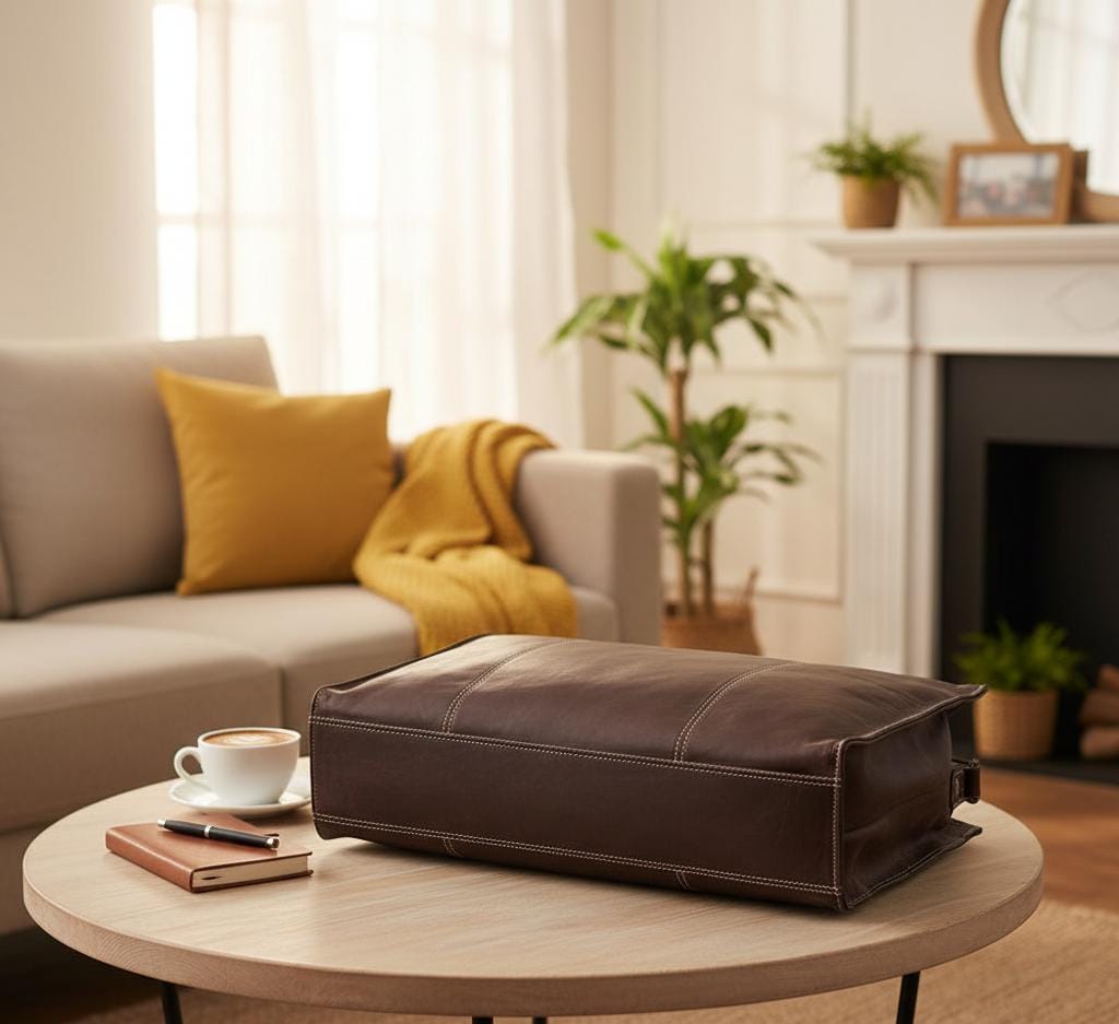 Classic Leather Tote Bag with Zipper – Fits 14″ Laptop