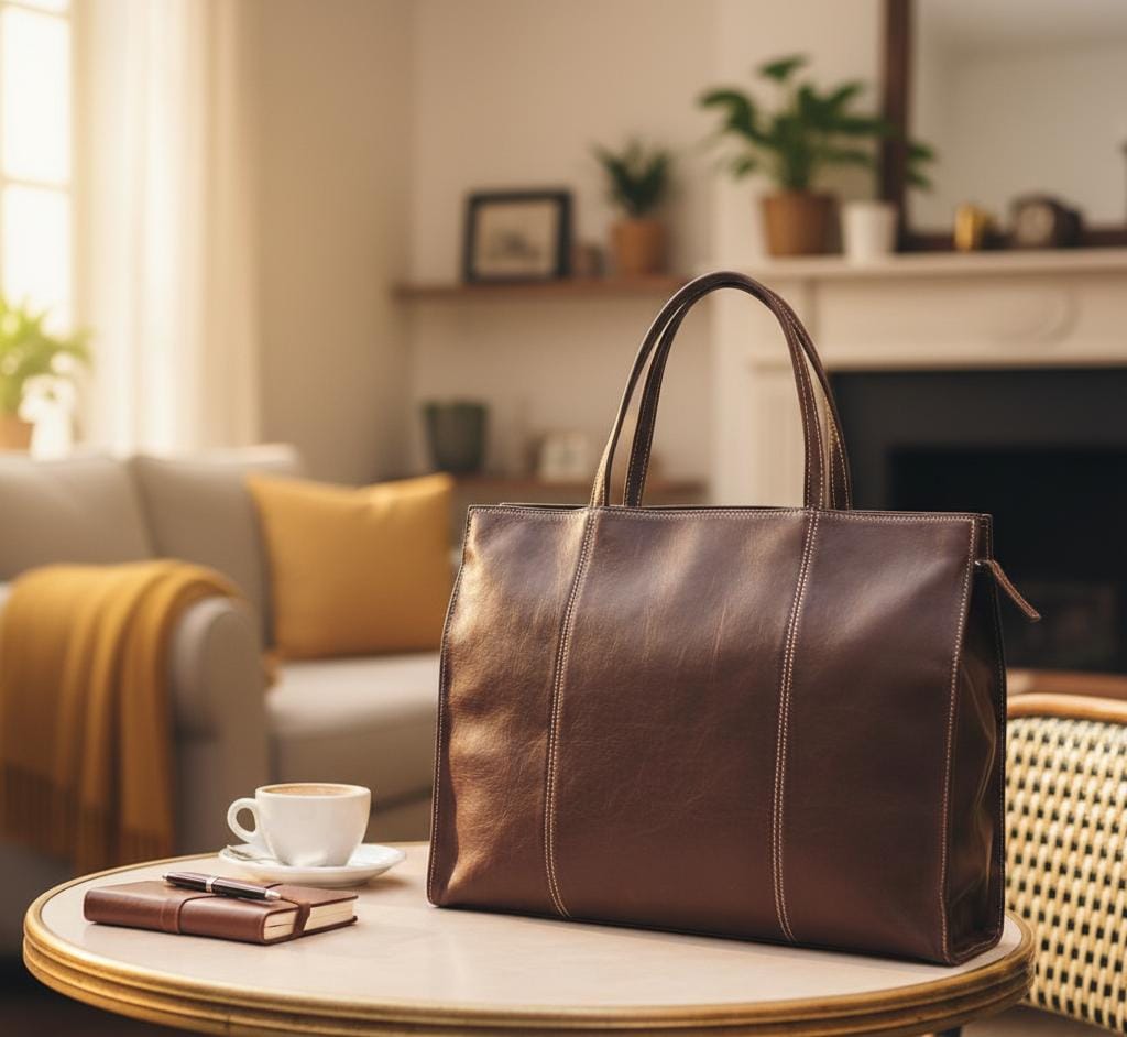 Classic Leather Tote Bag with Zipper – Fits 14″ Laptop