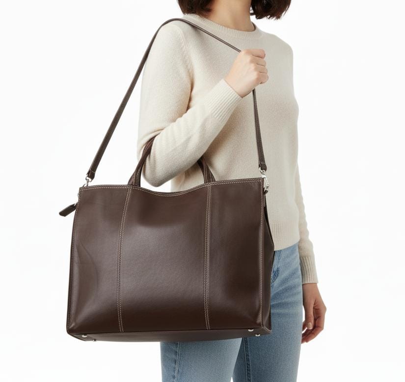 Classic Leather Tote Bag with Zipper – Fits 14″ Laptop