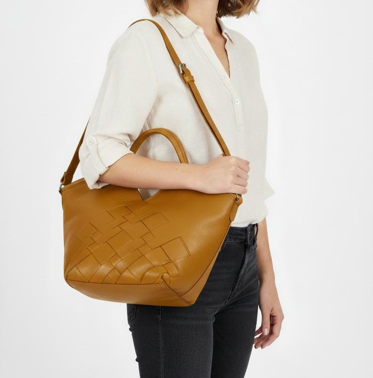 Full-Grain Leather Woven Tote + Crossbody with Organizer