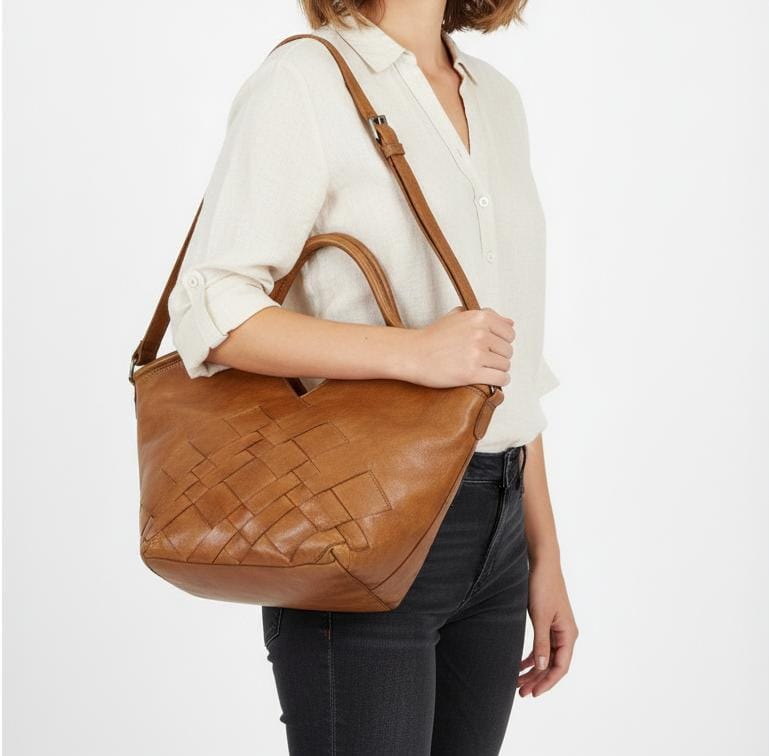 Full-Grain Leather Woven Tote + Crossbody with Organizer
