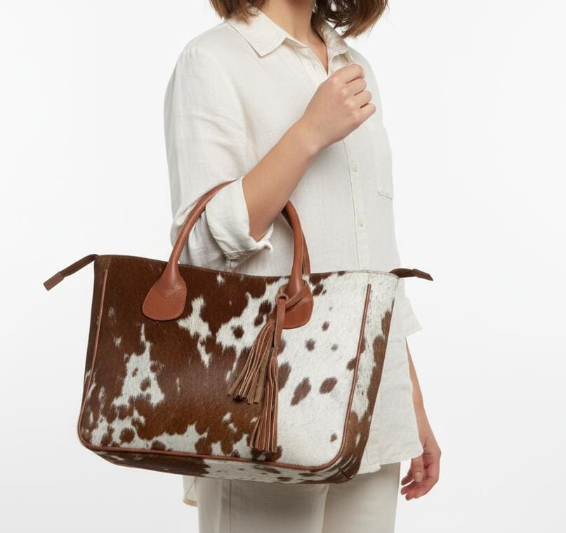 Womens Handmade White & Brown Cowhide Purse