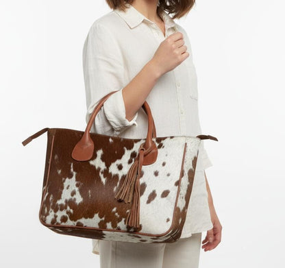 Womens Handmade White & Brown Cowhide Purse