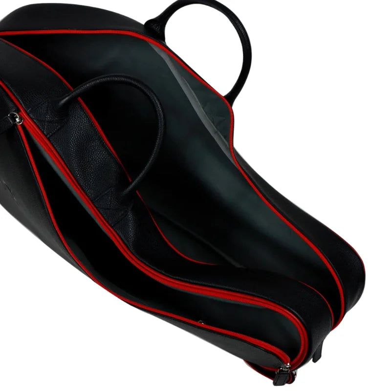 Black Leather Tennis Racket Bag with Red Trim