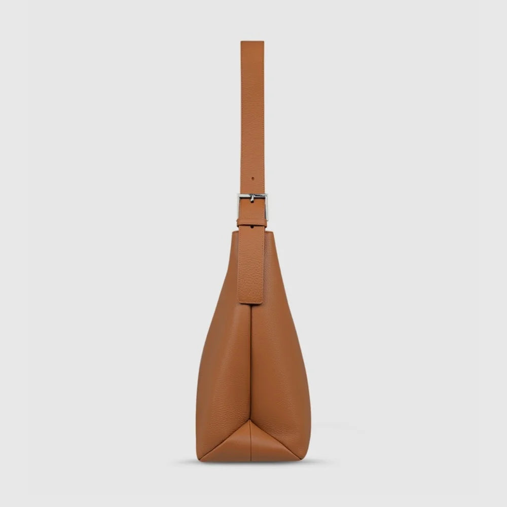 Women’s Tan Pebble Leather Shoulder Bag with Magnetic Closure