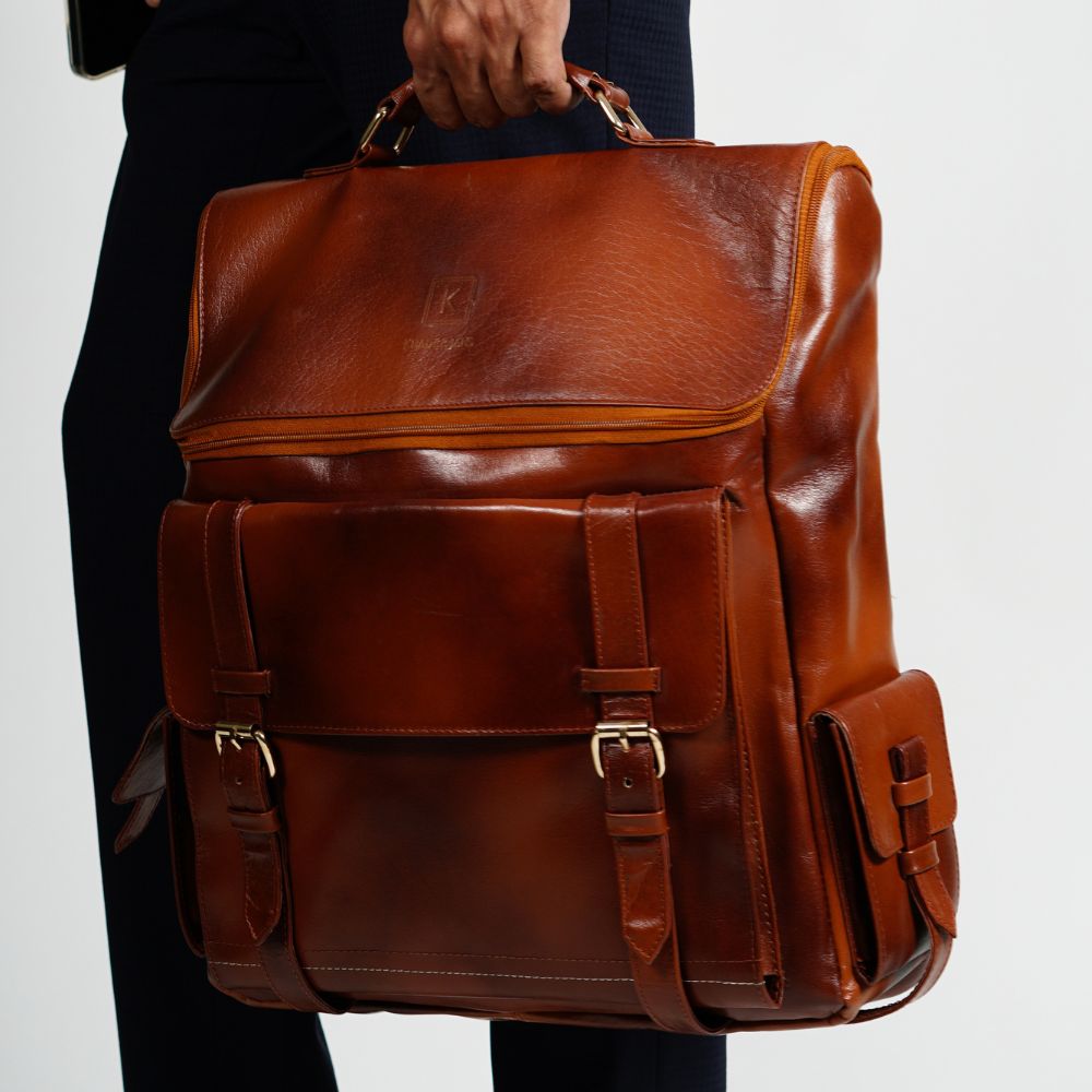 Mens Foldover Dark Brown Leather Backpack