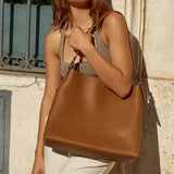 Women’s Tan Pebble Leather Shoulder Bag with Magnetic Closure