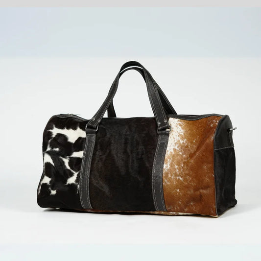 Real Cowhide leather tri-color duffel bag-Brown, Black and white color