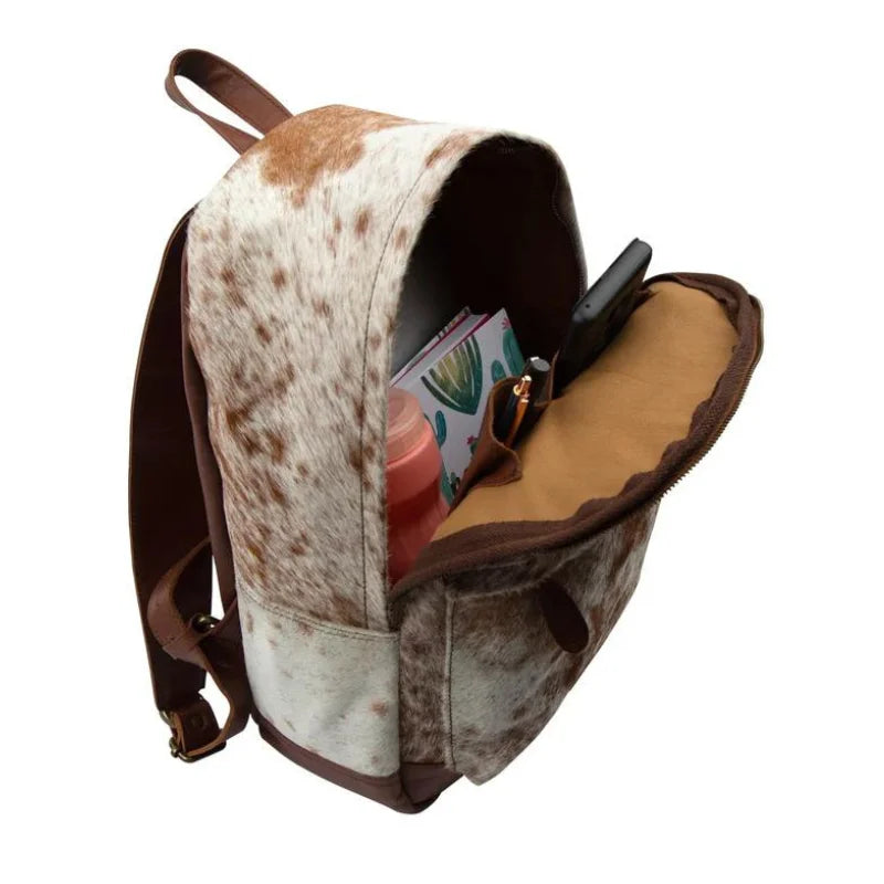 Brown and White Cowhide Leather Backpack