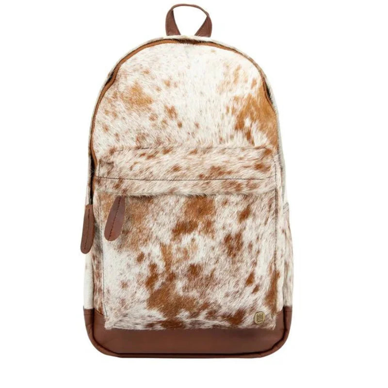 Brown and White Cowhide Leather Backpack