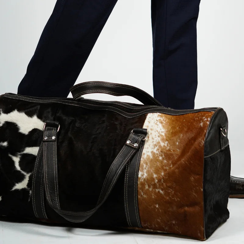 Real Cowhide leather tri-color duffel bag-Brown, Black and white color