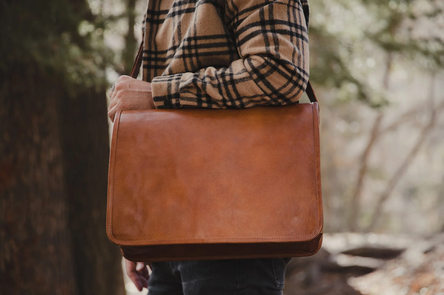 Genuine Leather Laptop Messenger Bag with Shoulder Strap