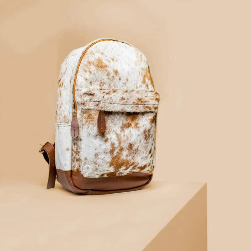 Brown and White Cowhide Leather Backpack