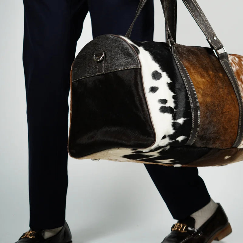 Real Cowhide leather tri-color duffel bag-Brown, Black and white color