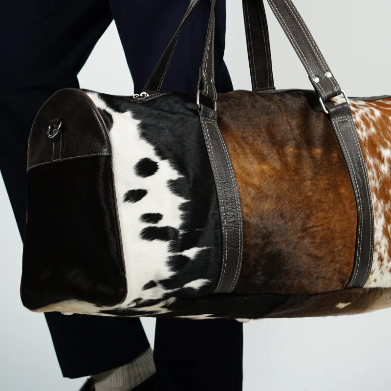 Real Cowhide leather tri-color duffel bag-Brown, Black and white color