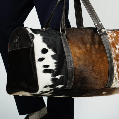 Real Cowhide leather tri-color duffel bag-Brown, Black and white color