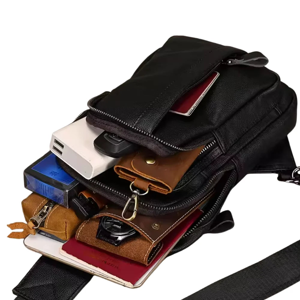 Mens Black Leather Chest Sling Bag
