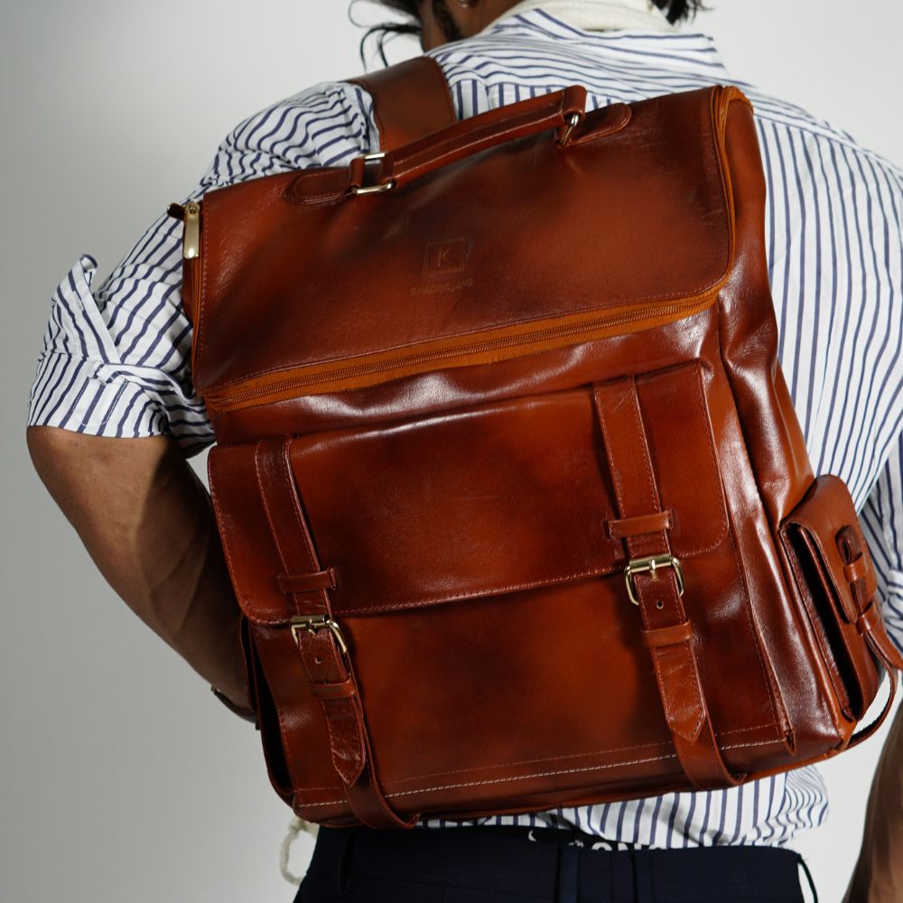 Mens Foldover Dark Brown Leather Backpack