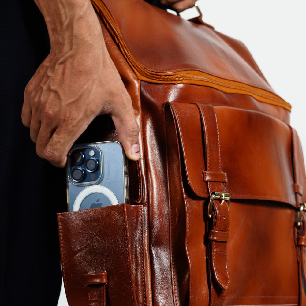 Mens Foldover Dark Brown Leather Backpack