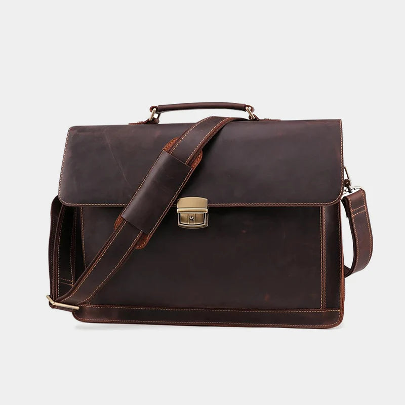 Top-Grain Leather 15″ Laptop Briefcase with Key Lock